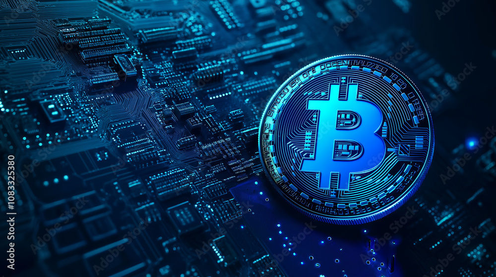 Poster bitcoin cryptocurrency coin resting on computer motherboard circuit board