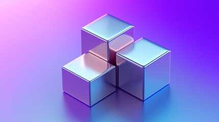 Obraz premium Three metallic cubes forming a larger cube on gradient background