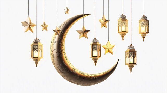 Golden crescent moon with hanging lanterns and stars celebrating ramadan or eid