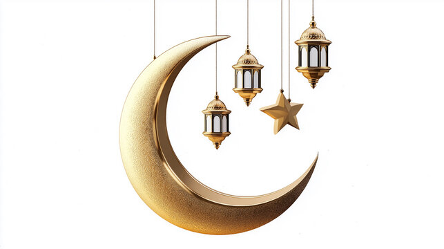 Golden crescent moon hanging with traditional arabic lanterns and star celebrating ramadan or eid al-fitr