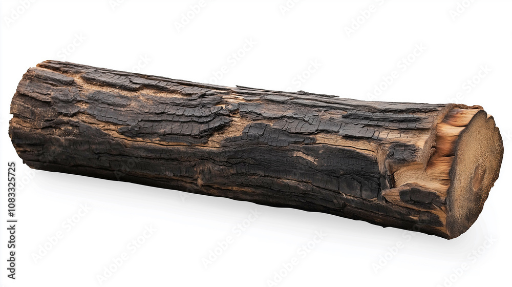 Poster Partially burnt log isolated on white background for easy compositing