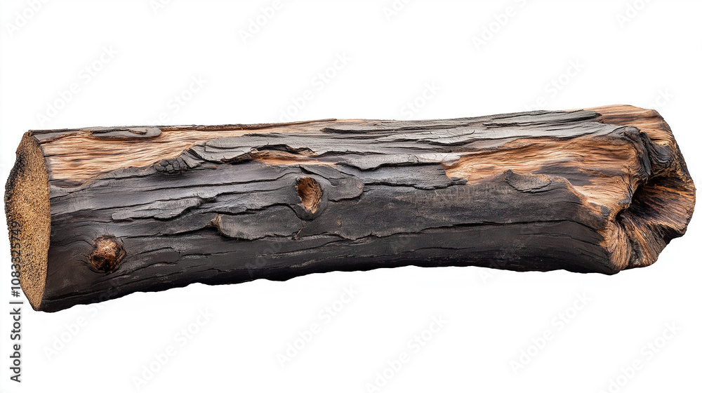 Poster partially burnt log showing wood grain and texture isolated on white background
