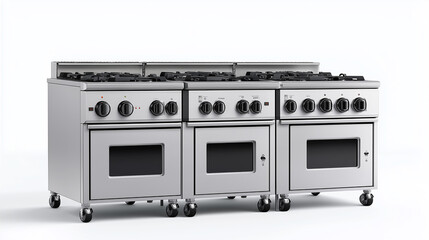 Obraz premium Row of restaurant gas range stoves with ovens in a professional kitchen