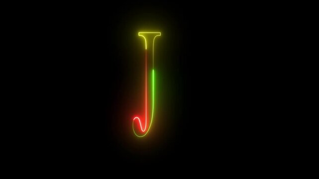 Glowing neon letter "J" three -color trendy glowing neon alphabet letter j animation on black background.