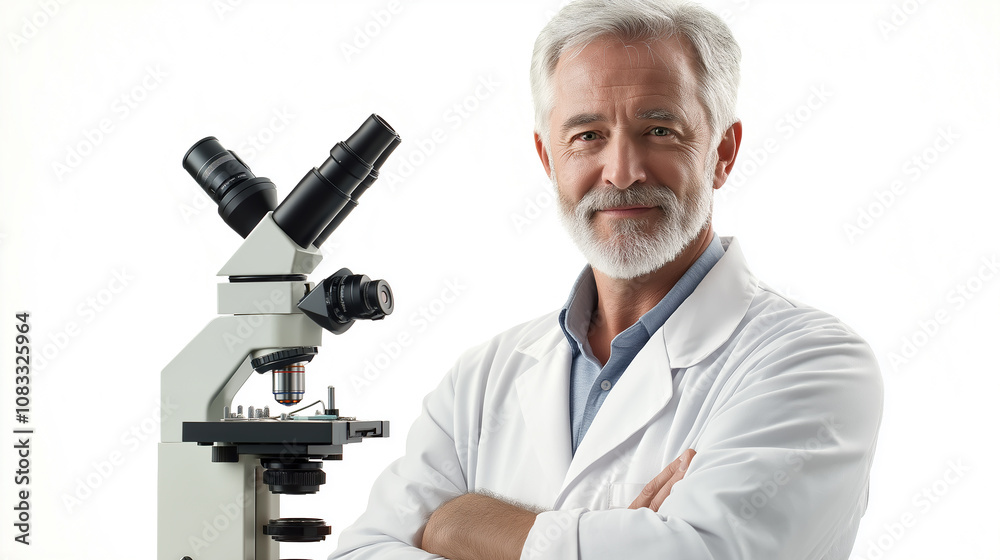Poster confident senior scientist posing with microscope in laboratory