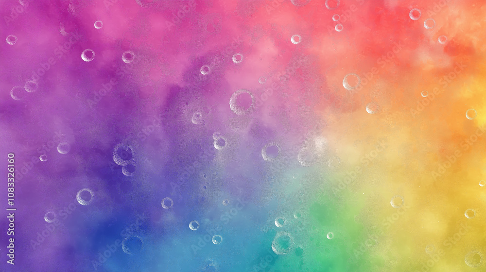 Poster rainbow watercolor background with floating bubbles creating a dreamy atmosphere