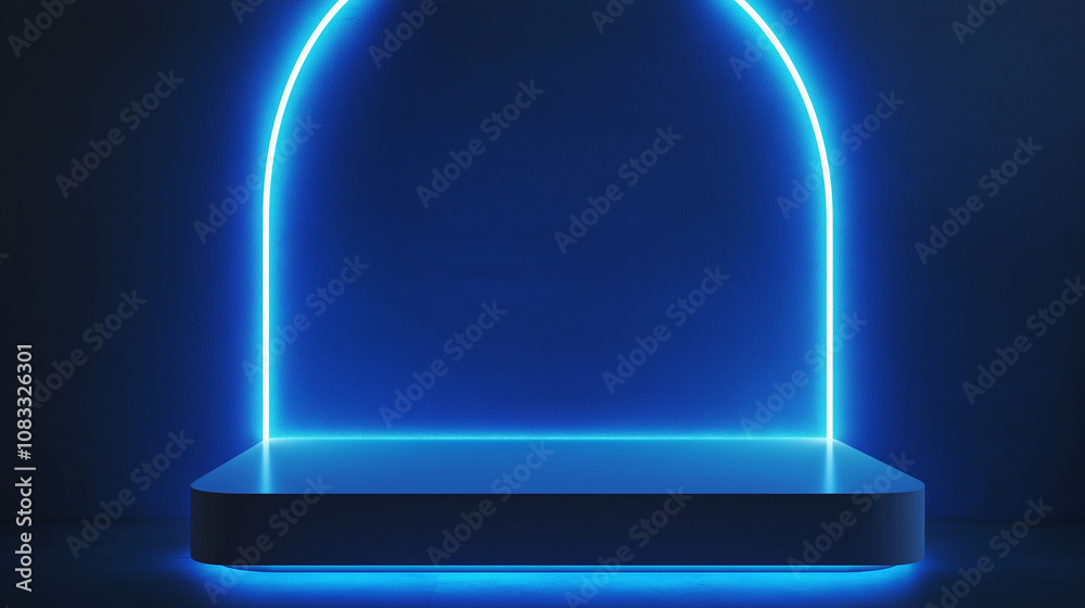 Aufkleber empty blue podium illuminated by neon lights creating an arch shape