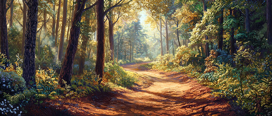 Obraz premium A winding path leading through the forest, lined with tall trees and lush greenery under soft sunlight, generative AI