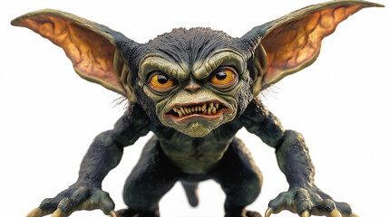Fototapeta premium Aggressive gremlin toy showing teeth and claws on white background