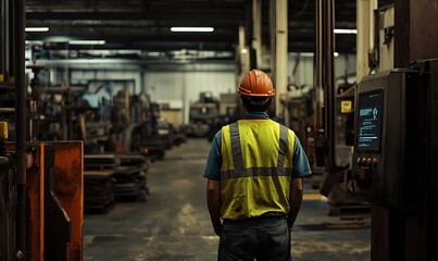 Fototapeta premium A worker in safety gear observes machinery in a factory setting.
