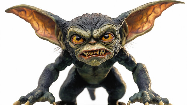 Aggressive gremlin toy showing teeth and claws on white background