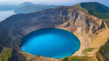 Zarechnoye crater lake forming a caldera with turquoise water in the kuril islands, russia