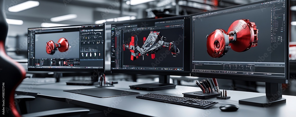 Poster a modern workspace with three monitors displaying 3d design software and mechanical models.