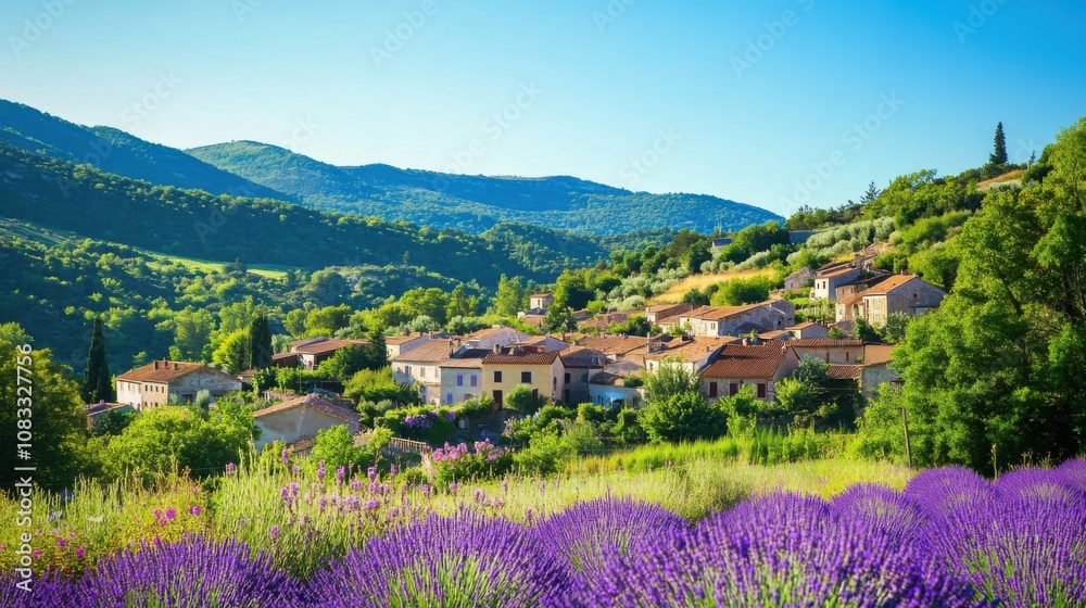 Poster an enchanting view of a quaint village nestled in a valley with blooming lavender fields, surrounded