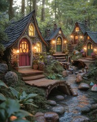 Fototapeta premium Tiny woodland houses, Colorful Woodland Houses with Charming Doors