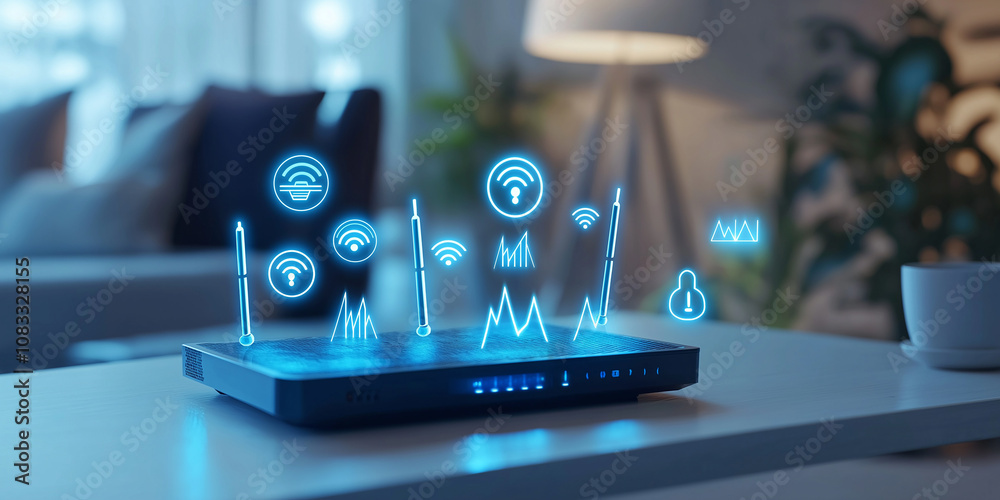 Poster Wireless router managing smart home devices and displaying network status with futuristic hologram interface