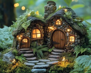 Fototapeta premium Tiny woodland houses, Enchanted Woodland Houses with Cobblestone Foundations