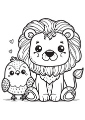 Fototapeta premium Coloring education design cute lion with bird