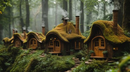 Fototapeta premium Tiny woodland houses, Charming Woodland Houses with Rustic Wooden Walls