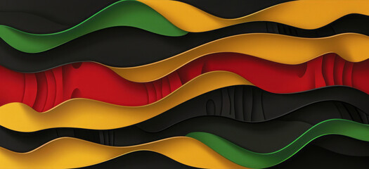 A black background is adorned with colored paper in black, red, yellow, and green.
