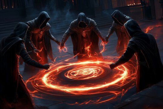 Mystical team of wizards casting a group spell together, with swirling magical energy around them
