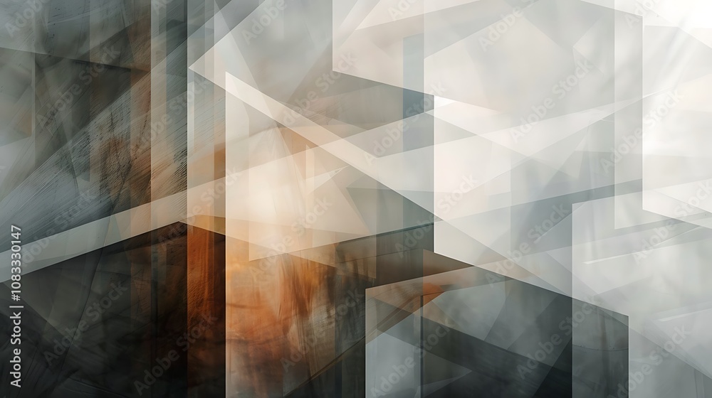 Poster abstract geometric design with overlapping shapes and lines, showcasing a blend of warm and cool ton