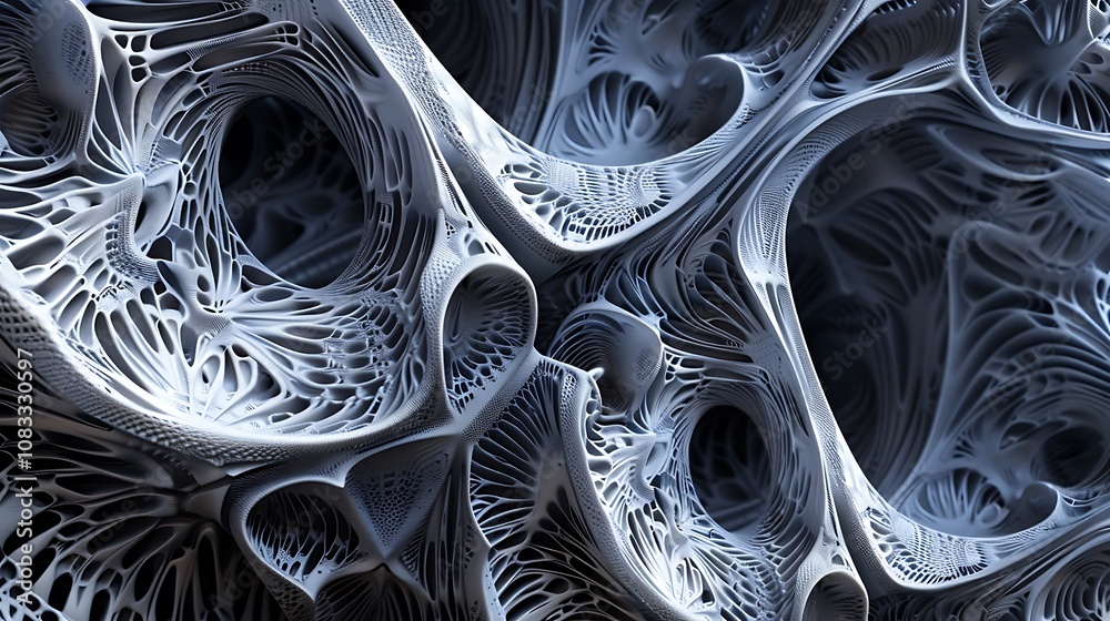 Poster intricate 3d fractal structure with a complex web of interconnected curves and lines, creating an ab