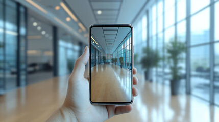 Hand holding a smartphone with an augmented reality display showing the interior of a modern office building