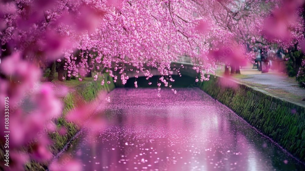 Poster an enchanting view of the sakura cherry blossoms in full bloom at the philosopher's path in kyoto, j