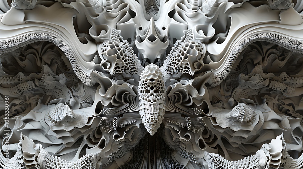 Poster abstract 3d fractal art piece in white with intricate patterns and complex geometric shapes.