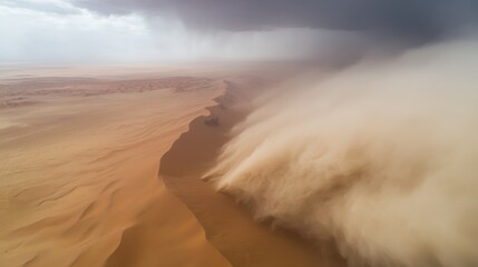 An epic aerial perspective of a massive dust storm engulfing the Arabian Desert at sunset, Arabian dust storm scene, Epic style