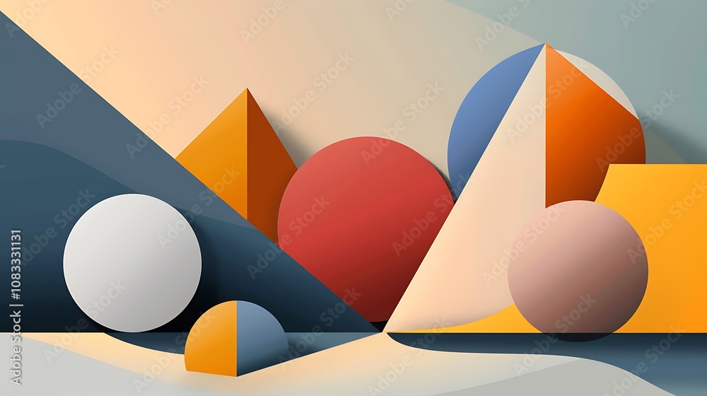 Poster abstract geometric composition with vibrant colors and shadows creating a modern and dynamic design.