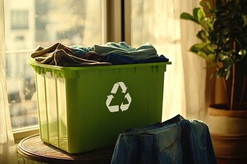 Green recycling bin filled with clothes for donation or reuse, with one garment lying on a wooden table near a window.