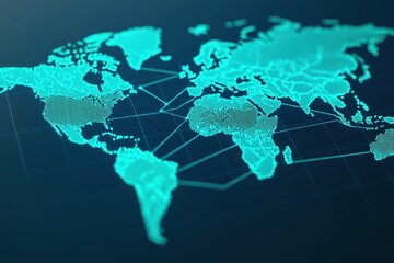 Fototapeta premium digital world map with glowing turquoise continents and network lines, representing global connectivity and technology