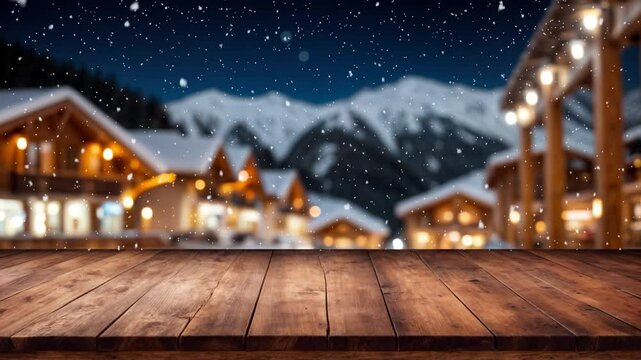 empty wooden table snowy mountain house floor