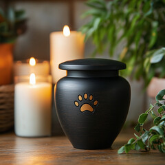 Black animal burial urn with paw print design and candlelight