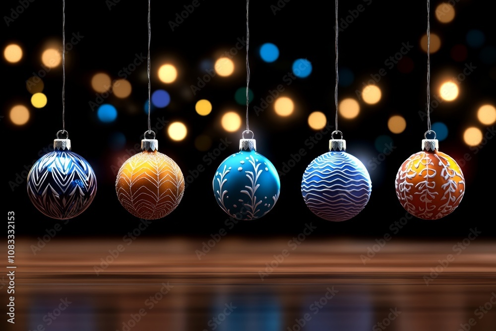 Poster 3d digital rendering of a set of christmas ornaments with glowing lights, hanging in a festive room