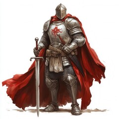Fototapeta premium A heroic knight in shining armor, ready for battle with a majestic red cape.