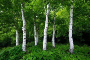 Obraz premium Birch trees with white bark in a forest, standing tall against a backdrop of lush green foliage