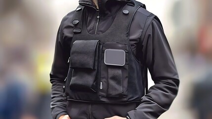 A person wearing a tactical vest designed for utility and functionality in various environments.