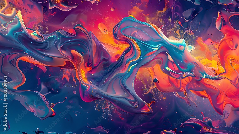 Poster abstract art using digital paint to create a dynamic fluid flow with vivid colors and smooth texture