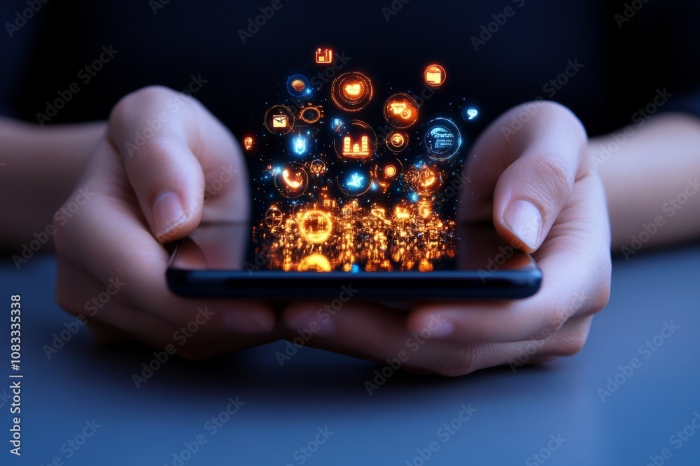 Poster close-up of hands using a smartphone with a holographic interface, displaying futuristic icons