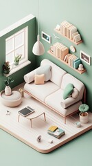 Fototapeta premium Cozy virtual learning hub home interior digital art soft pastel environment isometric view comfort and creativity