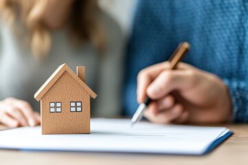 property loan mortgage qualification concept. Conceptual image of home ownership with house model and document signing.