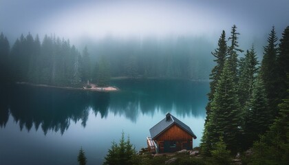 Obraz premium Cabin on the lake in fog forest