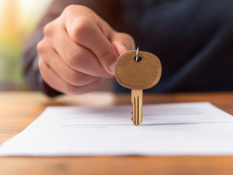 property loan mortgage qualification concept. Hand placing a key on a document, symbolizing property ownership and agreements.