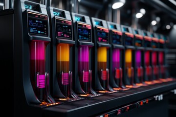 Cyberpunk-style admixing station with neon lights, digital readouts, and liquids blending in vibrant colors