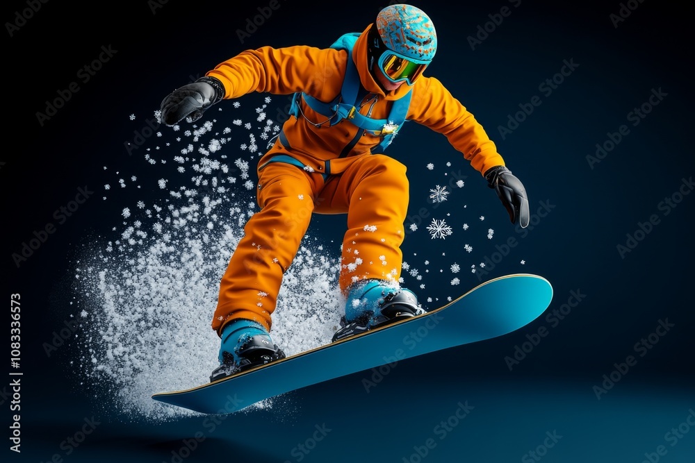 Aufkleber digital 3d illustration of snowboarder in colorful gear, mid-air with snowflakes trailing off the bo