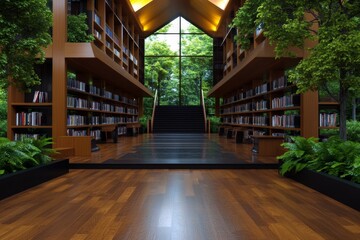 Digital 3D rendering of a library with bookshelves, reading desks, and digital devices for learning, lively and educational