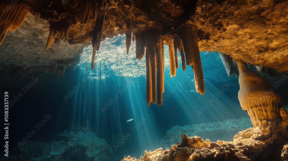Poster an extraordinary view of an underwater cave illuminated by sunlight streaming through openings, with